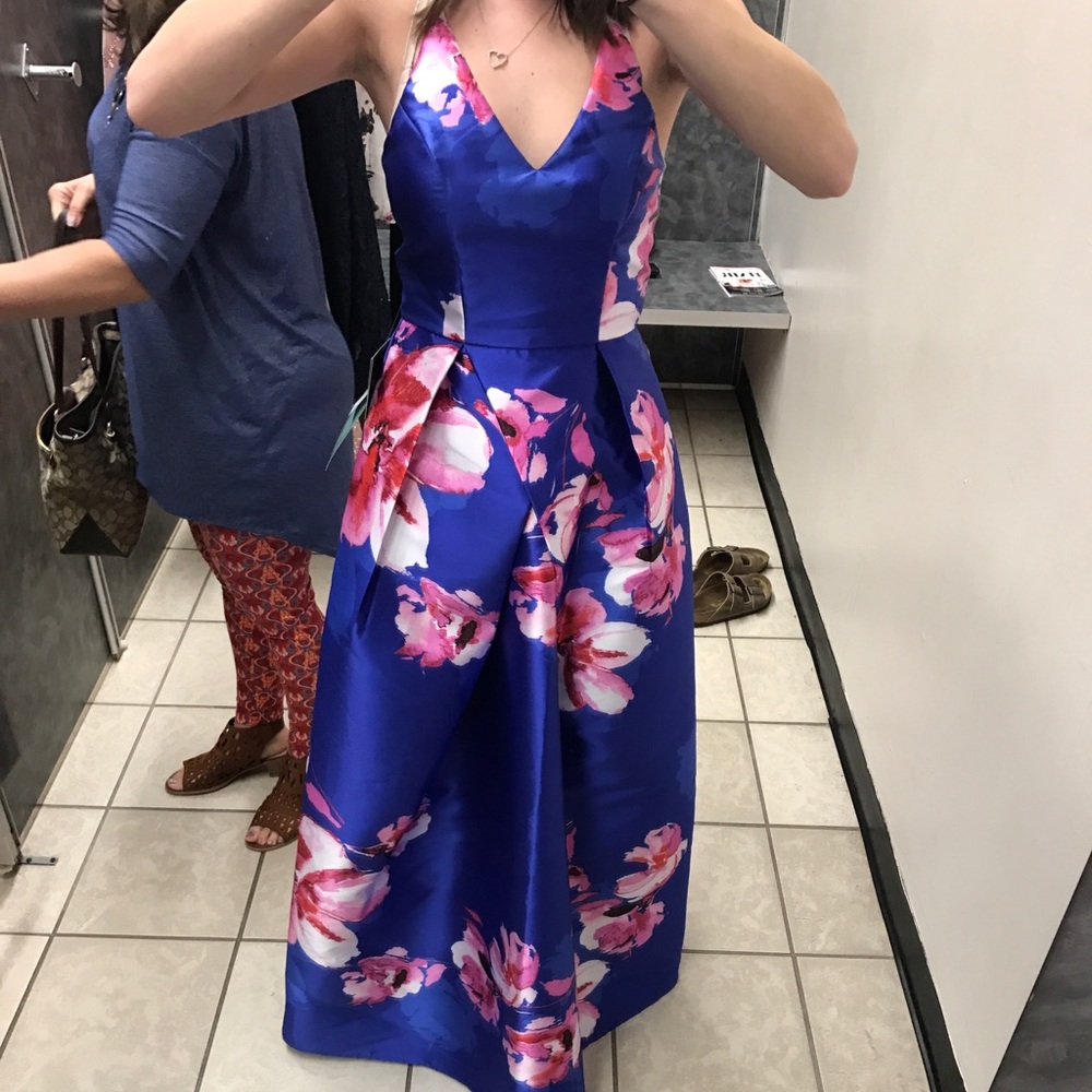 Floral Blue Prom Dress with Pockets
